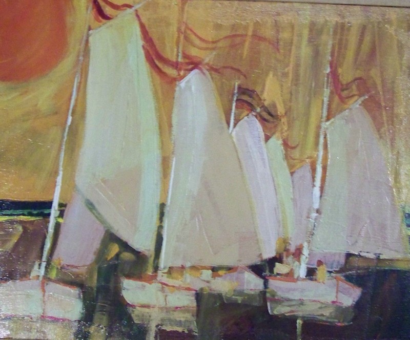 ’60s MID CENTURY MOD IMPRESSIONISTIC OIL PAINTING of SAILING HARBOR SCENE SUNSET