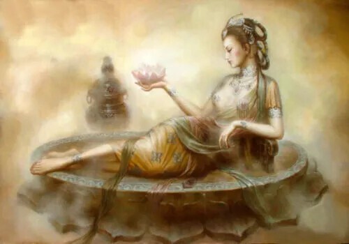 MQ657 Stretched Canvas Frame / Unframed Fairy hold Lotus Flower Oil Painting