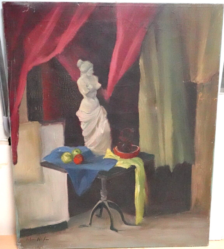 HELEN LUTON HAFER BUST AND FRUIT ON A TABLE ORIGINAL OIL ON CANVAS PAINTING