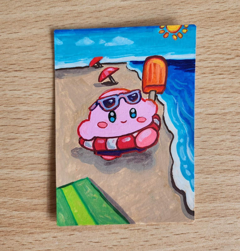 ACEO “Beach Kirby” Cute Summer Art Artist Trading Card Rachelle Lee