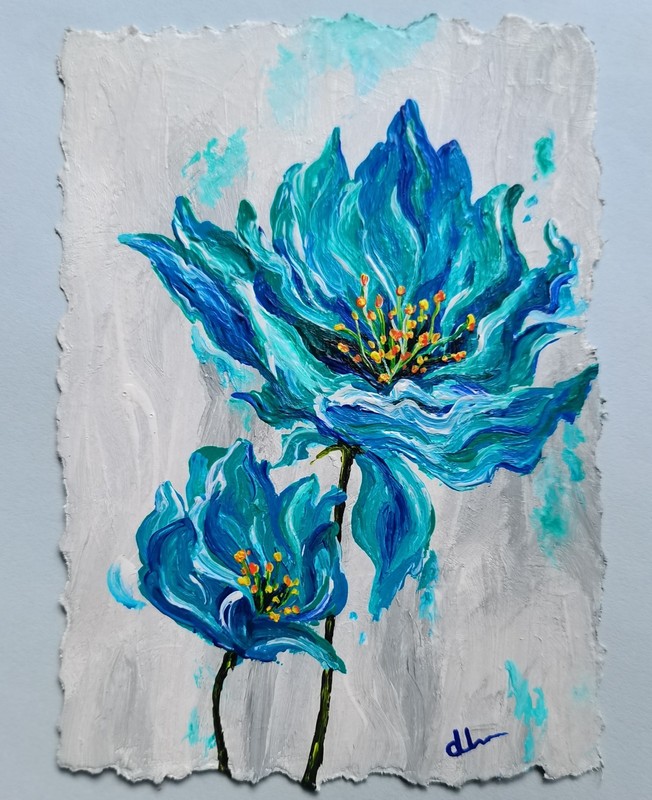 «Blue Lilies» Original Miniature Acrylic Painting Vintage Floral Art Signed ATC