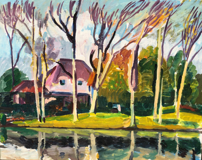 House,Trees & Lake Fauvist/Expressionist Oil Painting-1960/70s-I.L. Winarsky