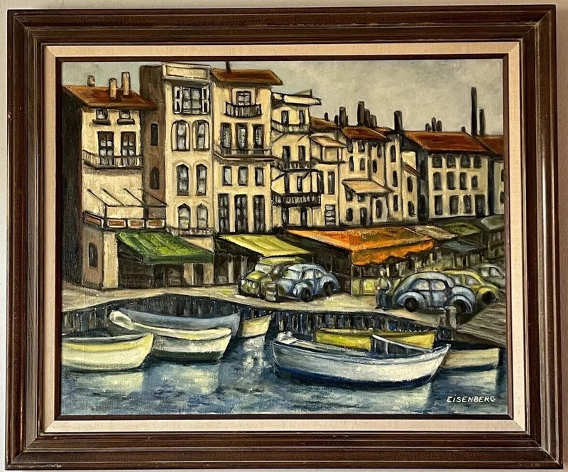 COOL VINTAGE MODERN LANDSCAPE OIL PAINTING OLD CARS BOAT HARBOR EISENBERG 1970