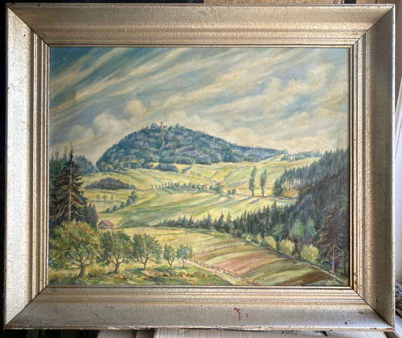 ::OIL PAINTING LANDSCAPE CASTLE CASTLE WHO KNOWS THE PLACE? SIGNED FRAME 1948