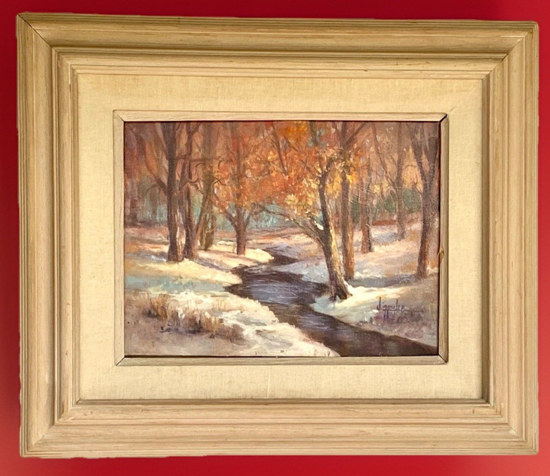 Original Oil Painting, Winter Landscape; Trees & Creek, Signed J Fowler 25″x21″