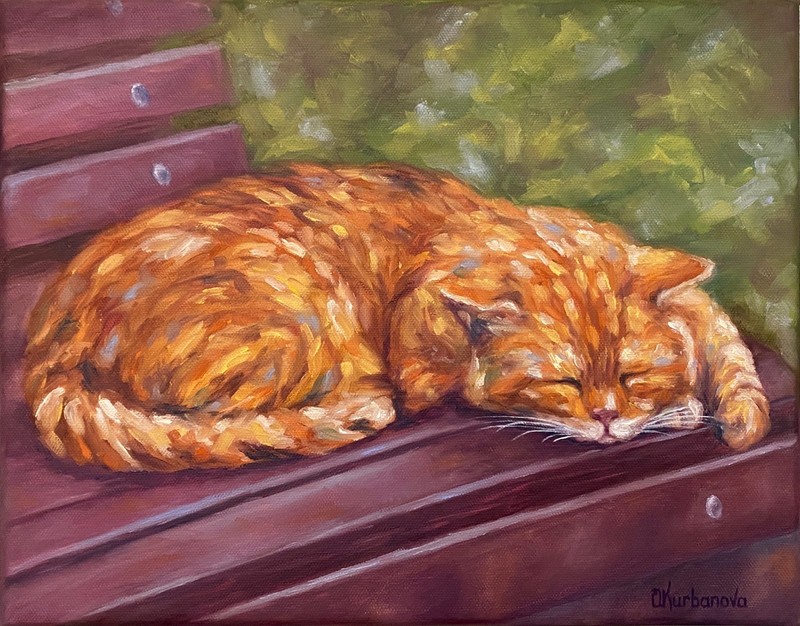 Cat Original Oil Painting Impasto Sleeping Ginger Cat Portrait 11″x14″ Wall Art
