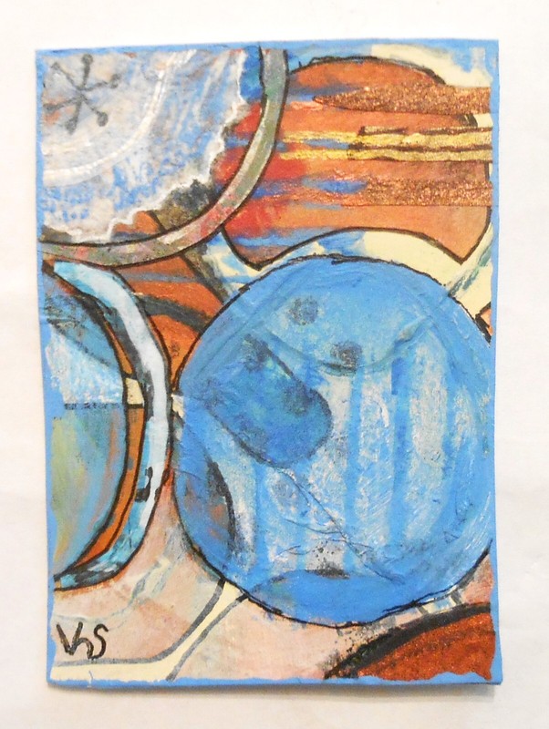 Collectible Abstract ACEO OOAK Blue Bronze White Black Geometric