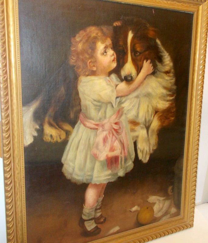 Antique Oil PAINTING Victorian Edwardian GIRL with COLLIE DOG gallery
