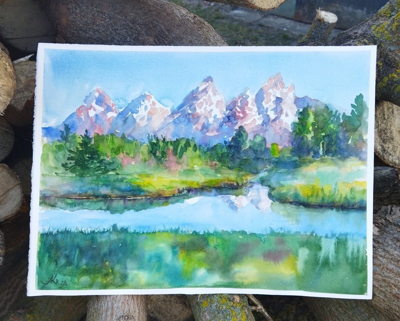 Grand Teton National Park Mountain Landscape Original Watercolor Painting gallery