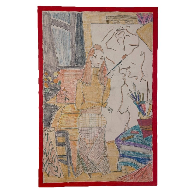 VTG Woman In Studio Portrait Drawing Painting Study On Canvas Large 36” X 24”