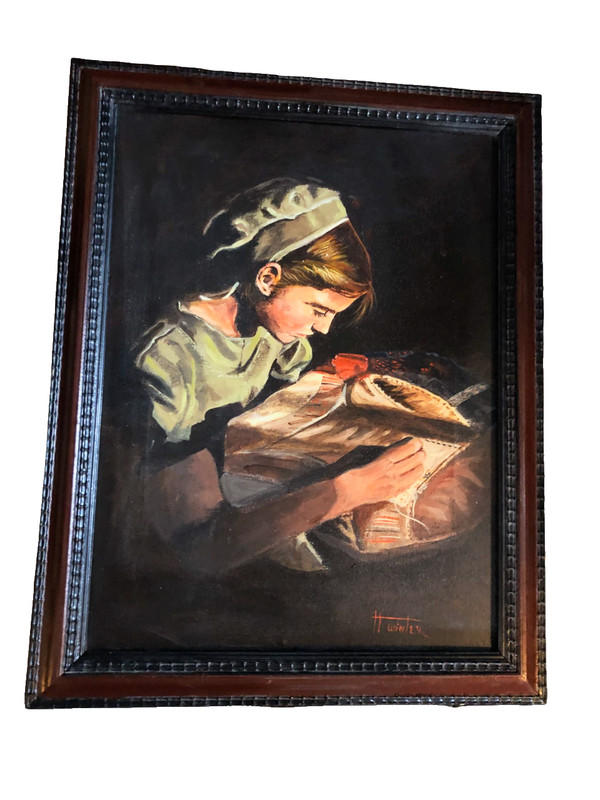 Helen Winter Signed Framed Oil Painting Woman Sewing at Window Light ~14" X 18" gallery