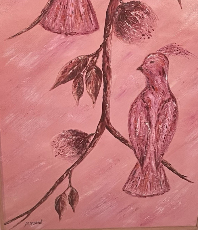 Vintage Folk Art Pink Birds Painting Primitive Cottagecore Hand Painted Frame gallery