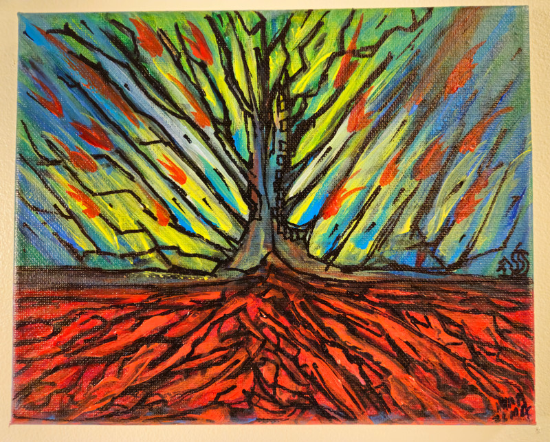 Cardinals and A Tree strongly rooted. Acrylic Painting, Paint Marker Art, 10″ x