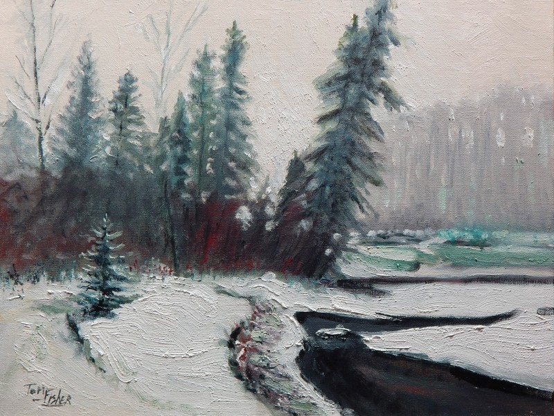 Winter River Pines realistic Impressionism oil Painting landscape Tom Fisher