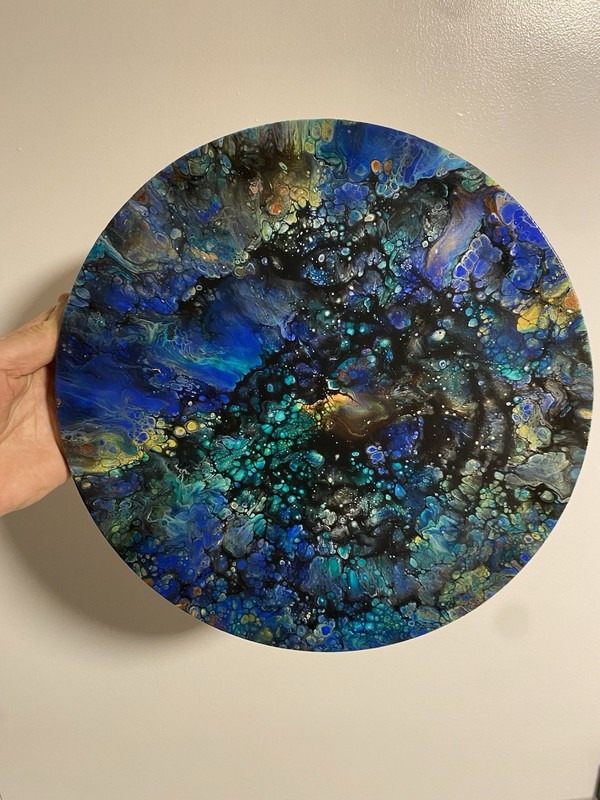 Round planet moon Abstract Blue Green Black Fluid Art Painting OOAK Unframed gallery