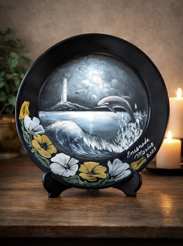 Hand Painted Arcoroc Glass Plate Dolphin Lighthouse Scene Ensenada Mexico gallery
