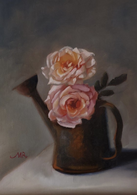 Original Oil Painting Pink Roses in Copper Watering Can Signed 9” x 12”