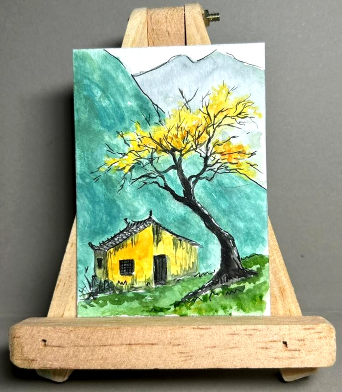 Watercolor ACEO Original Asian Landscape Yellow Tree Cottage Mountain Art OOAK
