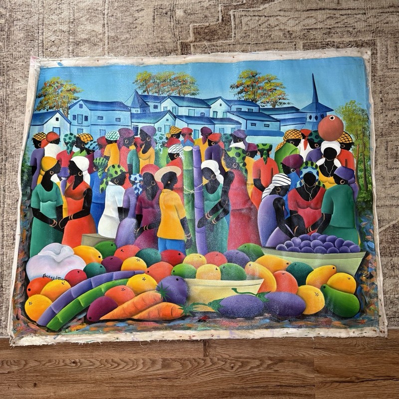 VTG Haitian Folk Art Naïve Style Market Scene Oil/Acrylic Painting Canvas Signed