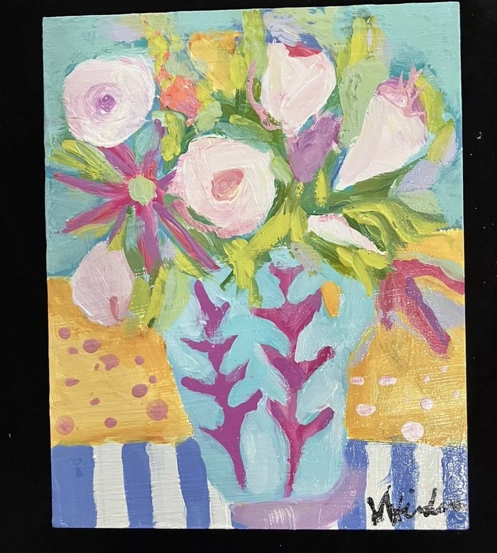 Pink Spring Flowers In Blue Vase an Acrylic Original Painting 10”x8”x2”Canvas