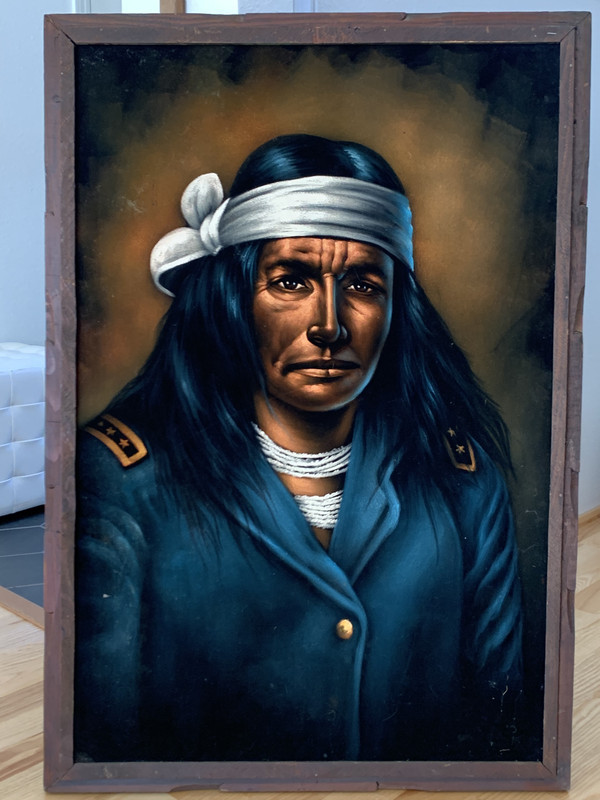 HUGE Black Velvet Oil Painting Native American Man Brave Warrior Vintage Indian