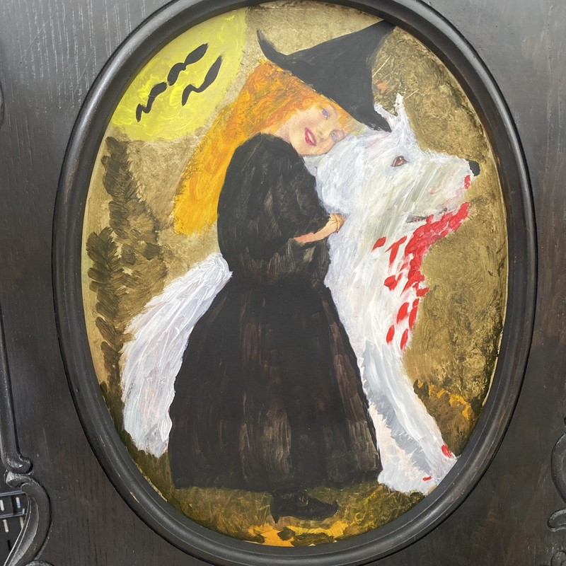 Upcycled Thrift Store Art Goth Girl And Dog Hand Painted  21” X 15”