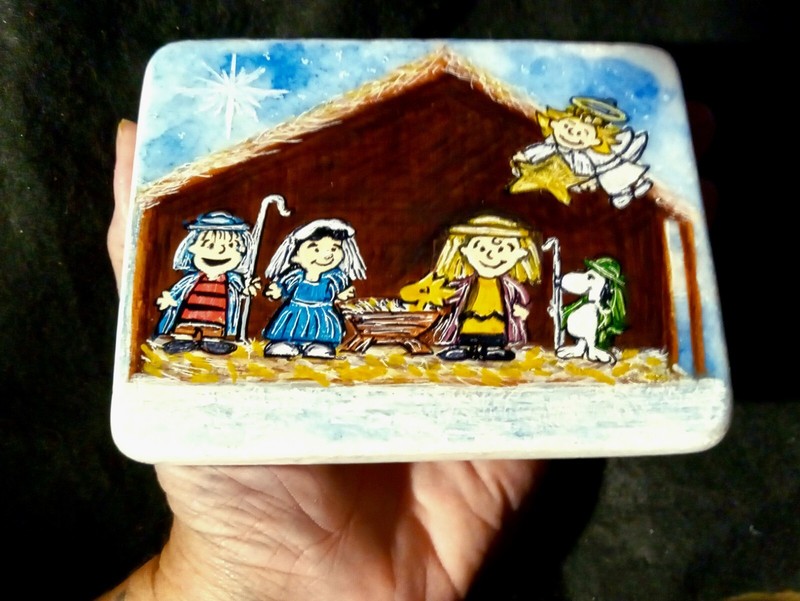 OOAK Hand Painted Nativity Inspired by Peanuts Gang and Snoopy on a white stone gallery