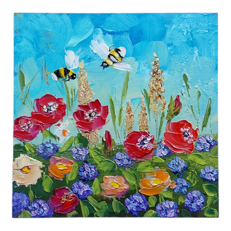 Bee Garden Wildflower Original Oil Painting 8×8 Textured Cottage Decor Art