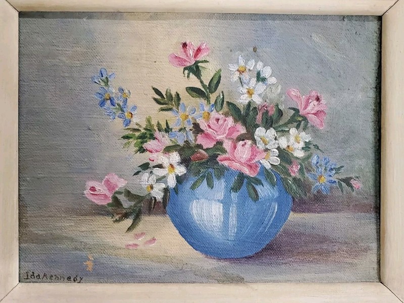 VINTAGE Original Painting On Canvas Floral Still Life Flower Signed Frame 11x9 gallery