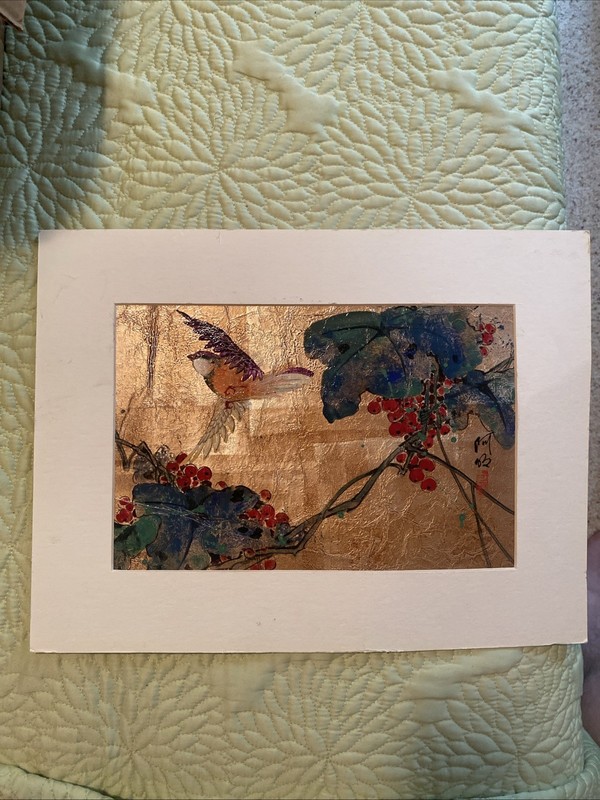 Beautiful Asian Artwork Bird & Flower Gouache /Gold leaf Style Signed by Artist