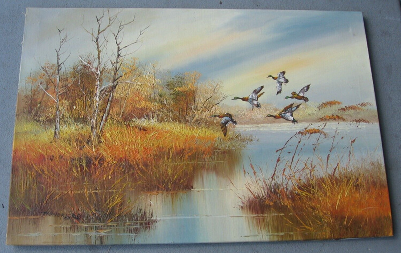 Oil on Canvas by Hendricks Signed Ducks landing Lake Scene 36×24″- NO Framing
