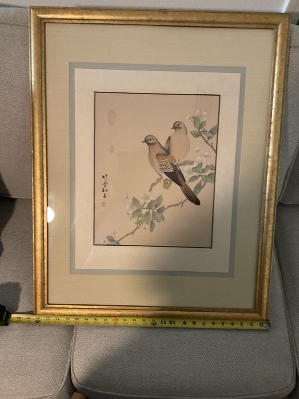 Chinese Gongi Silk Painting Of Mourning Doves Sign Matted And Frame 25 X 31 ♨️
