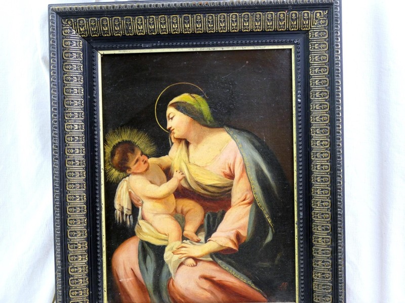 19th C French Framed Oil Painting of Virgin Mary with Child Religious Picture gallery