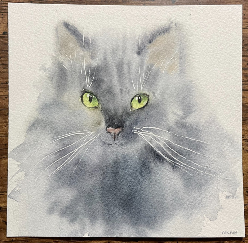 Original Watercolor Painting Gray Cat with Green Eyes – 5×5 inches – NEW