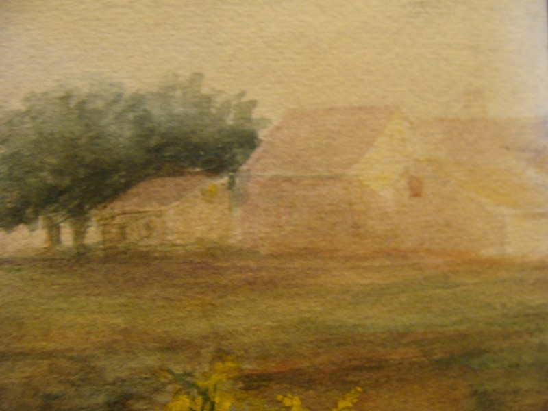 ART–1800’s water color landscape by Elizabeth F Merrill-FARM TREES, HAZY SCAPE