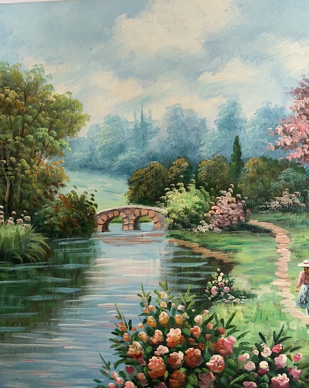 Original W. Hodges Oil Painting Colorful Flowers Country Home Water Bridge Trees gallery