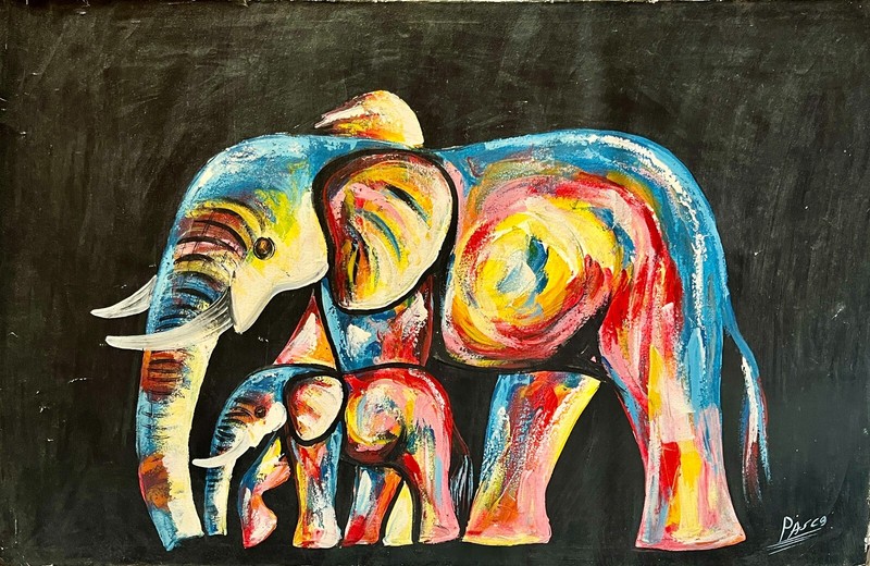 Mama & Baby Elephant Painting from Tanzania, Africa – Unframed, Oil on Canvas