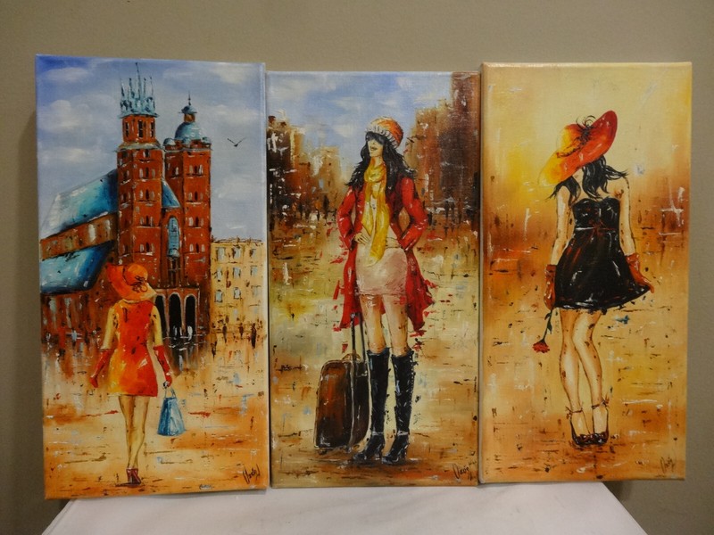 Oil Paintings on Canvas Lot of 3 «City Girls». Signed. 16″ x 8″ each