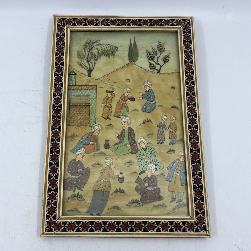 Set of 2 Vintage Persian Miniature Paintings with Intricate Wooden Frames gallery