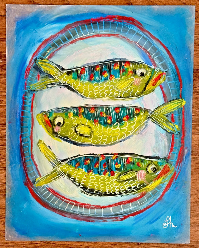 Original Oil Painting Signed Paper Fish on a Plate Food Kitchen Cute Art 11x14 gallery