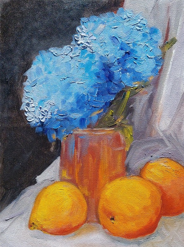 Oil original painting on canvas size 12×9 inches Blue hydrangea