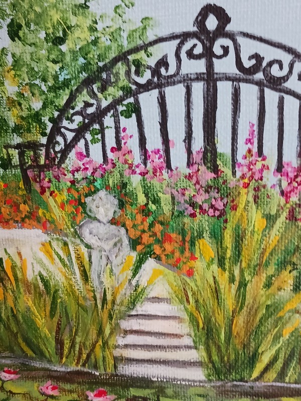 Vintage Oil Painting Waterlily pond statue and garden gate canvas signed framed gallery