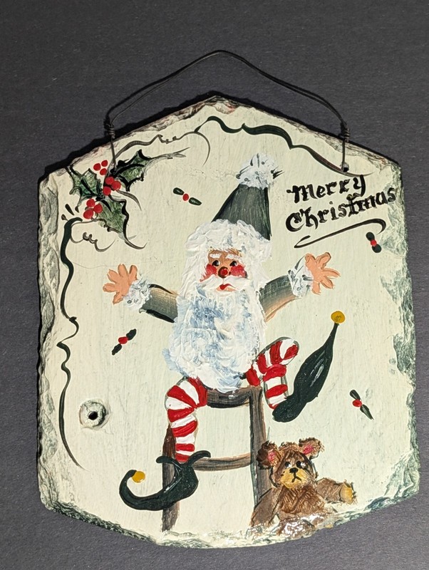 Vintage Roof Slate Original Painting Elf Santa Merry Christmas 7×8.5 Plus Hanger