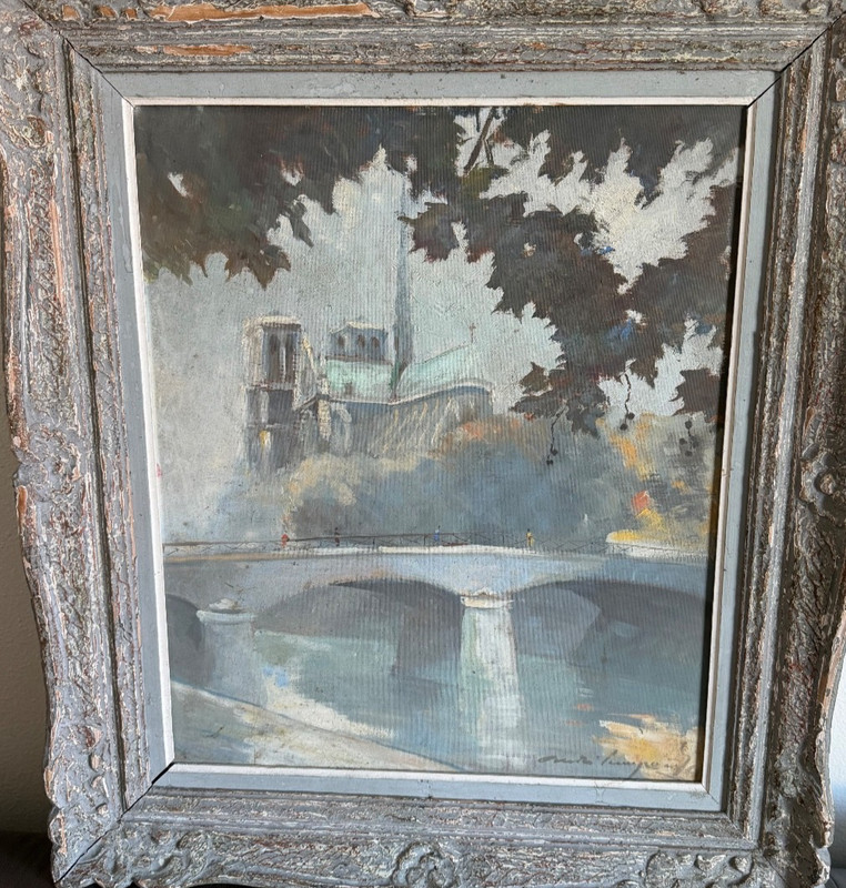 French mid century Notre Dame painting mystery artist illegible signature? gallery