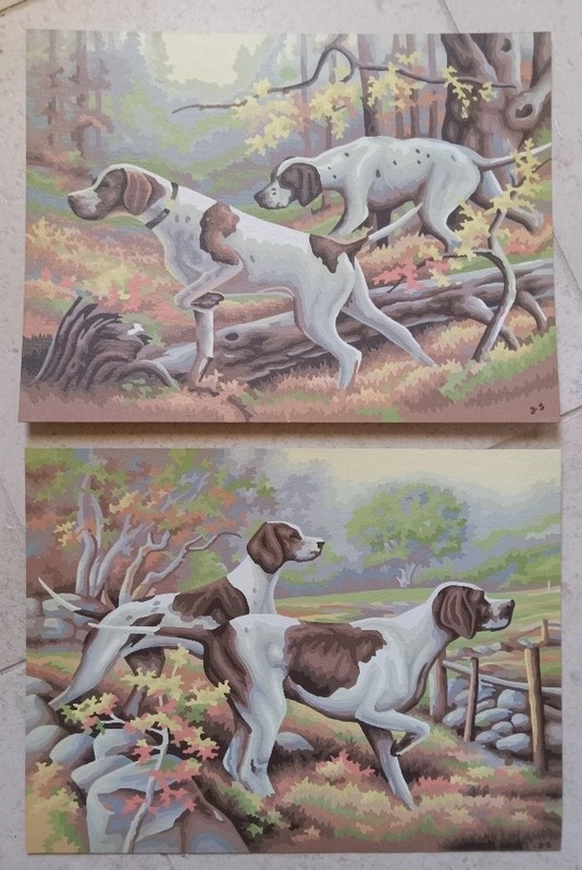 BIRD DOGS AT POINT HUNTING Pair Paintings (2) PBN apprx 12″ X 16″ unframed