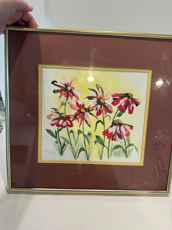 Watercolor Coneflower Painting Matted, Framed Pastel Floral Wall Art 15x16Signed
