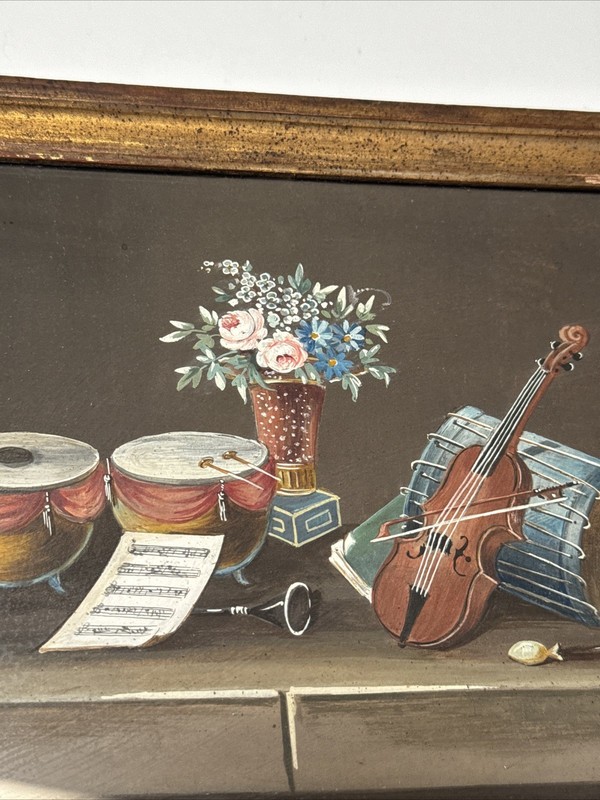Antique Still Life Painting Floral Musical 19th Century Small Gem Mystery 1880’s gallery