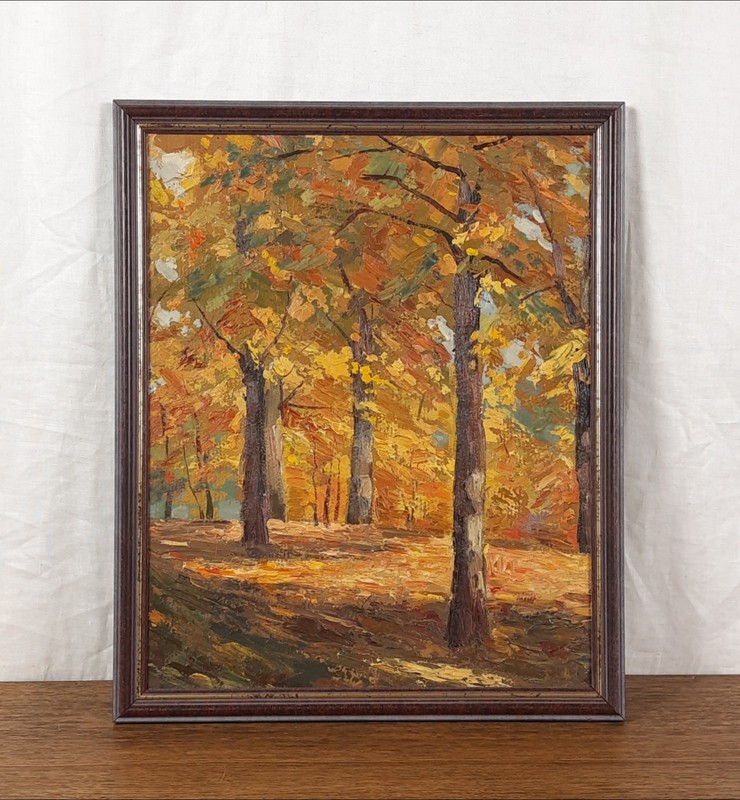 Vintage Autumn Forest Oil Painting Ukrainian Impressionist Landscape 1990s