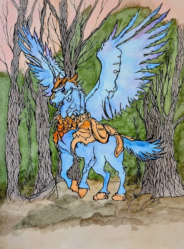 Blue Griffon in Enchanted Forest Children’s Room Fantasy Art Whimsical story art