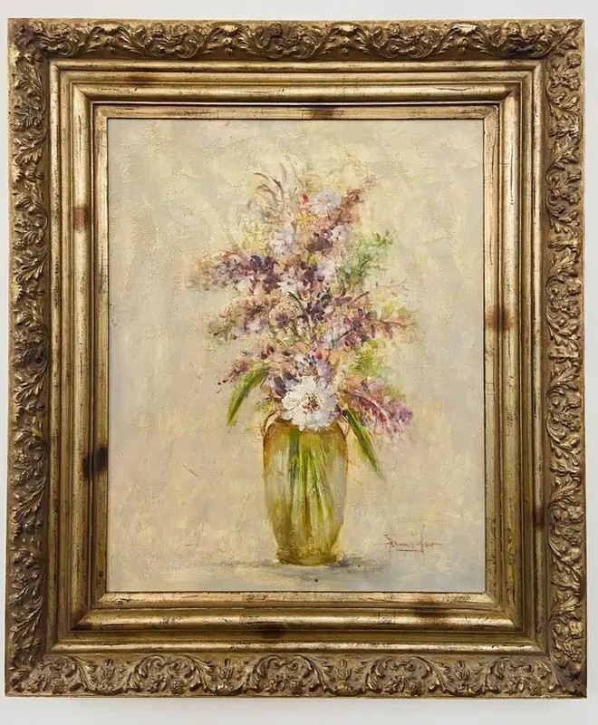 Large Still Life Oil on Canvas Painting of Flowers and Lavender Framed, Signed 1 gallery